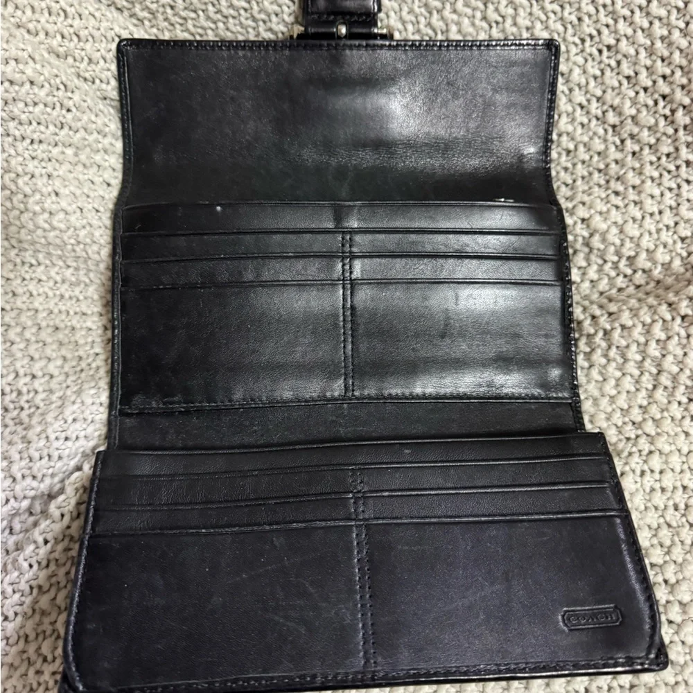 Coach Wallet Leather Silver Snap‎ Signature Canvas Black/Khaki